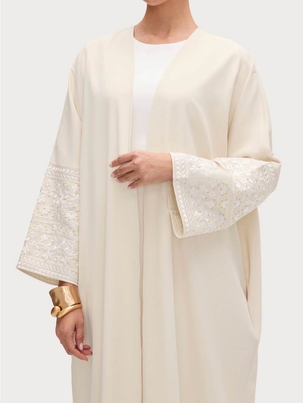 Veiled Dalal Embroidered Open Abaya Cream